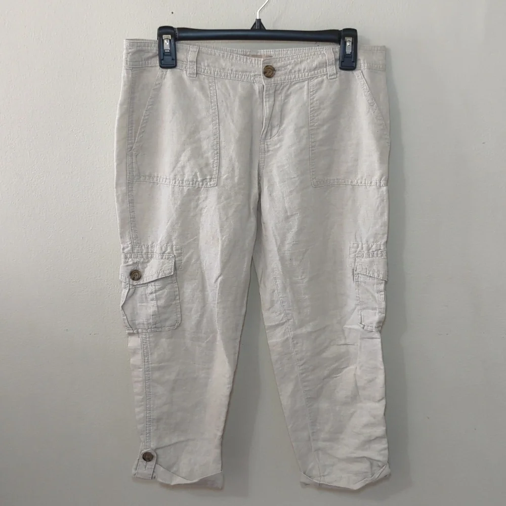 Banana Republic Linen Blend Cargo Pants Cream Martin Fit Cropped Cuffed Size 6P